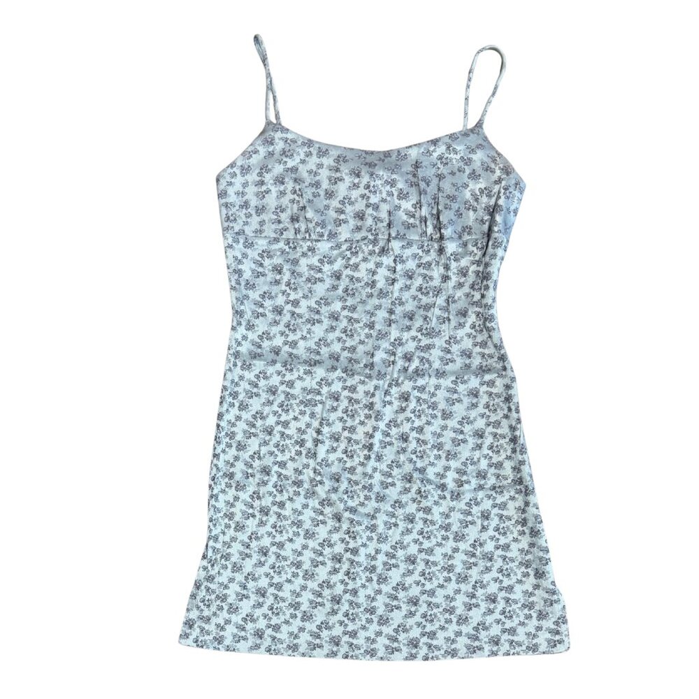 Vintage La Belle Floral Silver Blue Satin Slit Babydoll Bodycon Mini Dress Small
